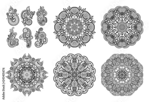set of circle lace ornament, round ornamental geometric doily pattern in indian kalamkari style