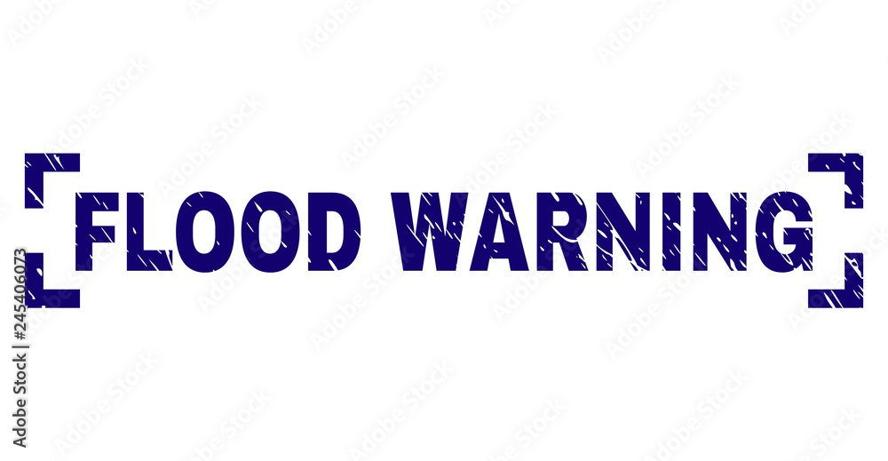 FLOOD WARNING tag seal print with grunge style. Text tag is placed between corners. Blue vector rubber print of FLOOD WARNING with scratched texture.