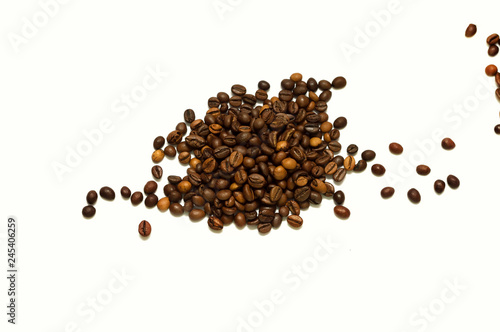 Coffee grains on a white background.