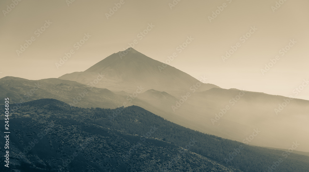 Vew of the Teide volcano. Viewpoint: Mirador de La Crucita. Canary Islands. Tenerife. Spain. Stylization. Toning.