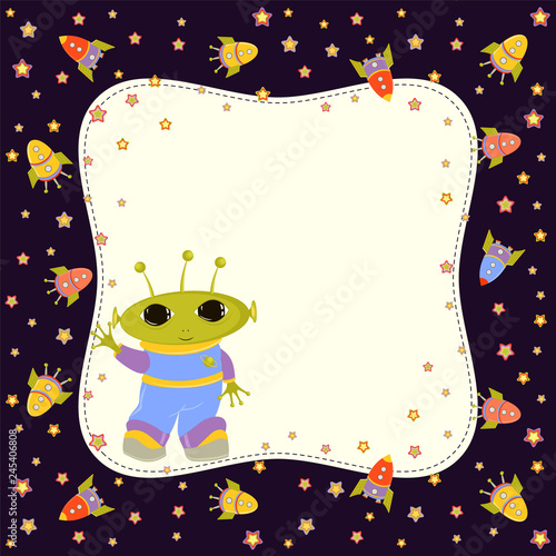Vector baby pattern with UFO. Illustration with space and cosmic aliens for kids. Childrens background for wallpaper or textile. Baby shower pattern, bright frame or birthday greeting card.