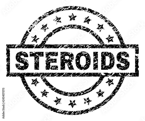 STEROIDS stamp seal watermark with distress style. Designed with rectangle, circles and stars. Black vector rubber print of STEROIDS label with unclean texture.
