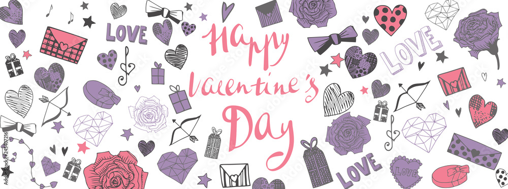 Valentines day doodles background - obrazy, fototapety, plakaty 