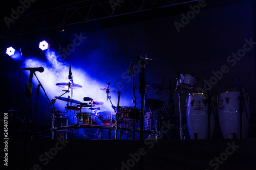 drums on stage and lights
