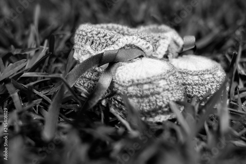 baby´s shoes on the grass black and whit