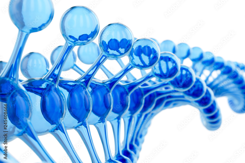 A bright particulate 3D rendered blue DNA concept isolated on white background. Abstract blue molecules design. Atoms. Science or medical background. Chemistry banner or flyer. A bright particulate 3D rendered blue DNA concept isolated on white background. Abstract blue molecules design. Atoms. Science or medical background. Chemistry banner or flyer.