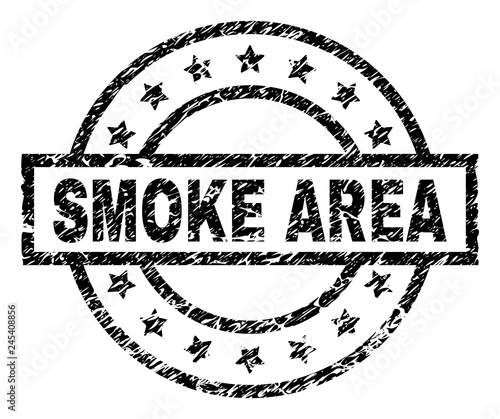 SMOKE AREA stamp seal watermark with distress style. Designed with rectangle, circles and stars. Black vector rubber print of SMOKE AREA label with dust texture.