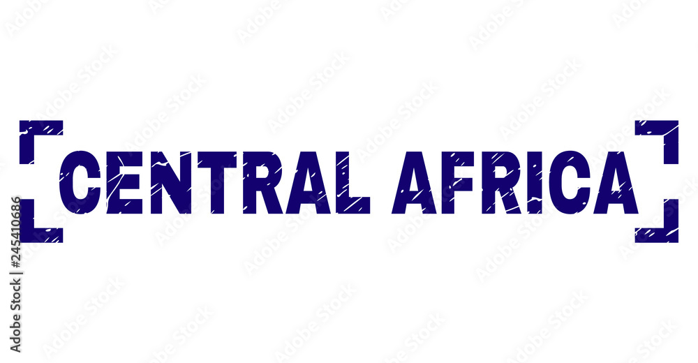 CENTRAL AFRICA label seal print with distress texture. Text label is placed between corners. Blue vector rubber print of CENTRAL AFRICA with grunge texture.