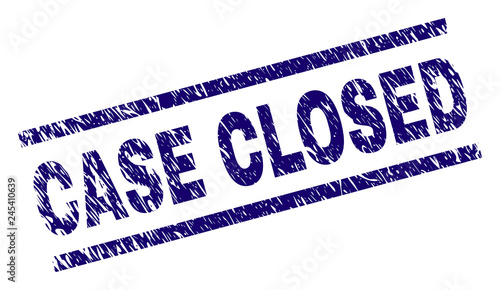 CASE CLOSED seal stamp with distress style. Blue vector rubber print of CASE CLOSED tag with corroded texture. Text tag is placed between parallel lines.