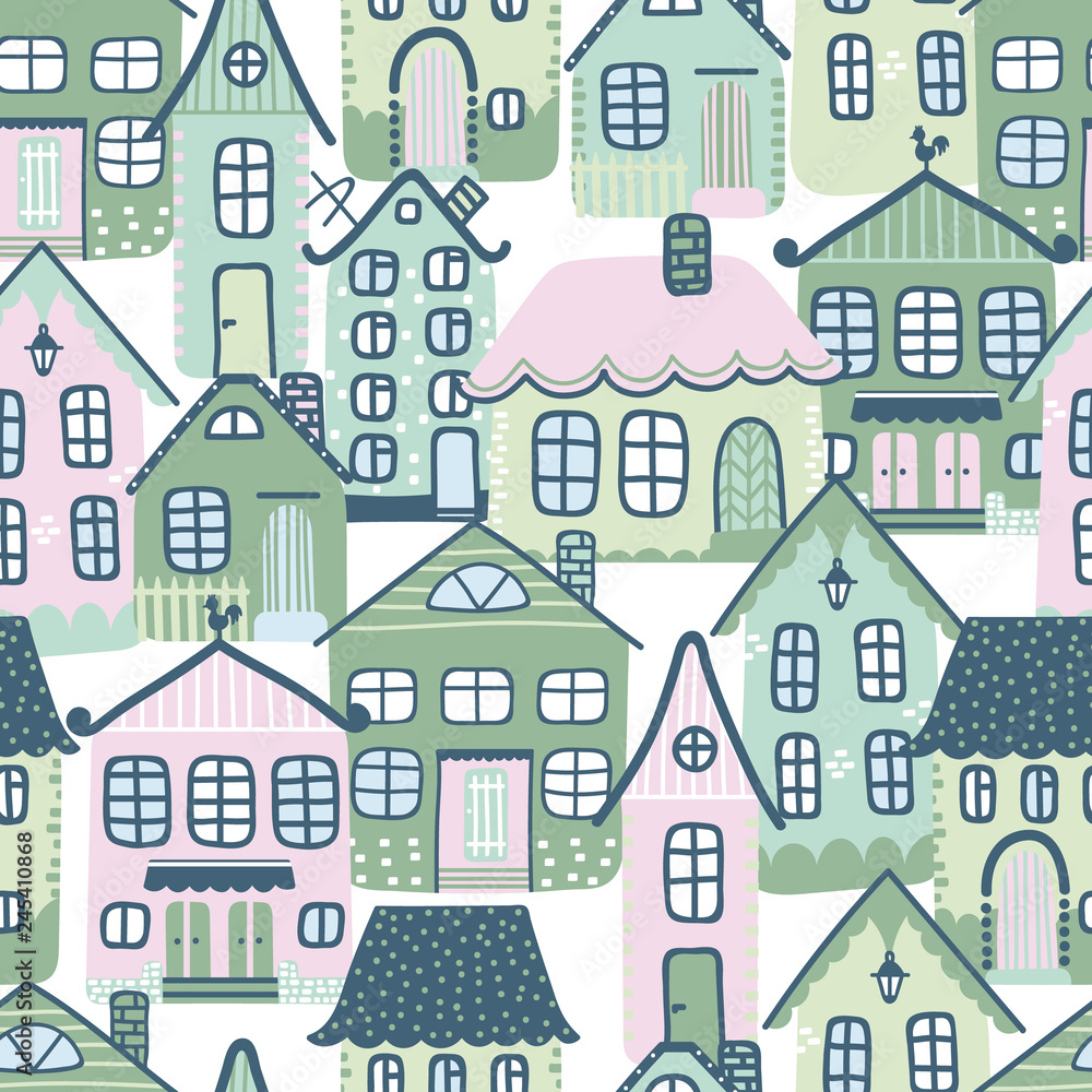 Pattern with hand drawn doodle houses