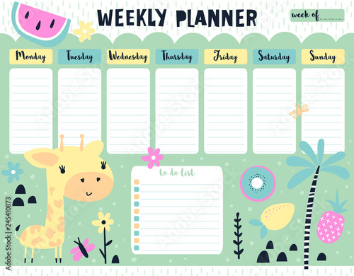 Kids weekly calendar planner with giraffe