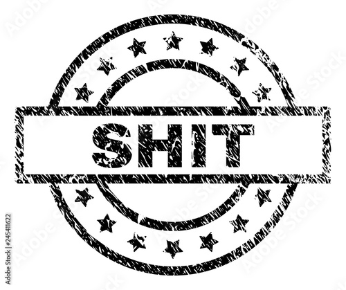 SHIT stamp seal watermark with distress style. Designed with rectangle, circles and stars. Black vector rubber print of SHIT title with corroded texture.
