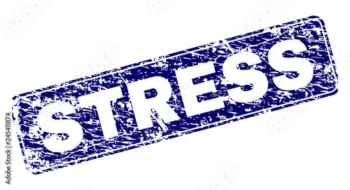 STRESS stamp seal print with distress texture. Seal shape is a rounded rectangle with frame. Blue vector rubber print of STRESS caption with corroded texture.