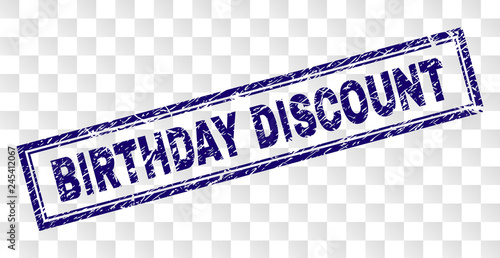 BIRTHDAY DISCOUNT stamp seal print with rubber print style and double framed rectangle shape. Stamp is placed on a transparent background.