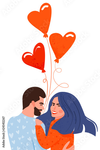 Valentine's day card with happy couple. Cute woman and her boyfriend with balloons in the shape of a heart. Vector illustration on white background.