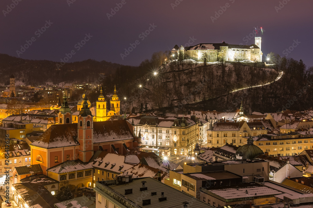 View of Ljubljana old city center with the castle and main square, Slovenia
