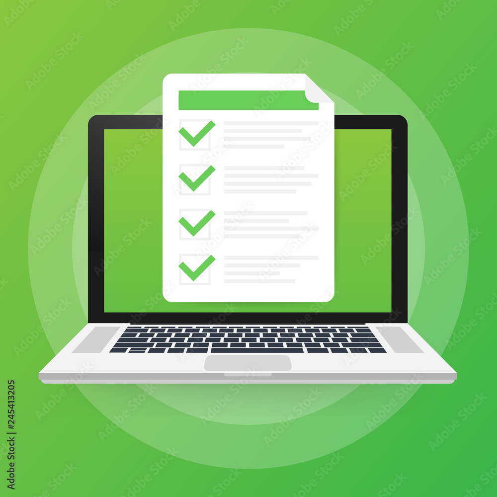 Online exam, checklist and pencil, choosing answer, questionnaire form, taking test. Vector illustration. Online exam, checklist and pencil, choosing answer, questionnaire form, taking test. Vector illustration.