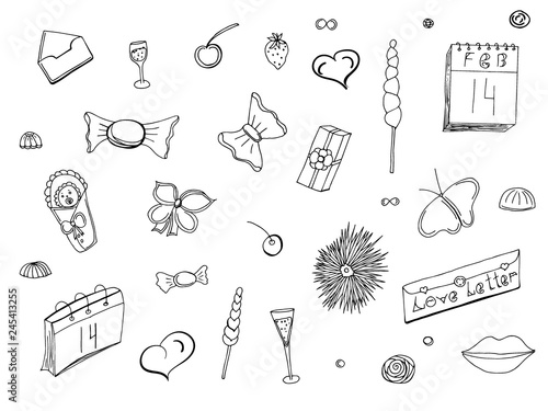 Doodles and lettering on Valentine's Day. Doodle set. Love. Vector.