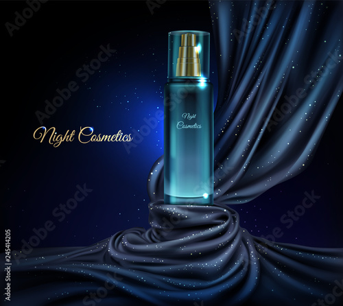 Vector 3d realistic cosmetic background with glass jar of night cosmetics, bottle in dark blue fabric, cloth. Luxury perfume with golden cap, lotion. Mockup with moisturizer, natural gel.