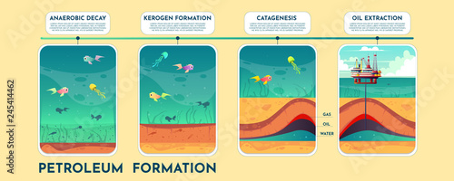 Petroleum formation cartoon vector infographics with process phases on time line. Fossil fuel formation because of organic sediments on ocean bed, oil extraction from geological layers illustration
