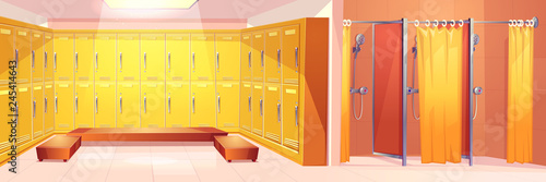 Modern gym or sport club comfortable locker room interior cartoon vector background with two rows of closed personal lockers, comfortable seats for dressing and shower cabins with curtain illustration