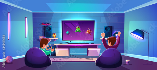 Vector game room with people playing digital entertainment, modern esports concept. Night stream with friends in neon light in club, lounge. Joysticks, gamepads and players in cozy armchairs.
