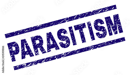 PARASITISM seal print with distress style. Blue vector rubber print of PARASITISM text with dirty texture. Text caption is placed between parallel lines.