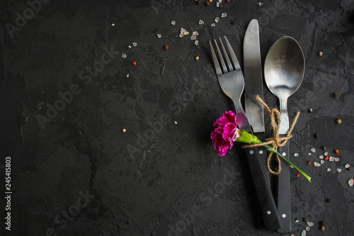 cutlery rustic, used for eating or serving (fork, knife, spoon - set). food background. copy space