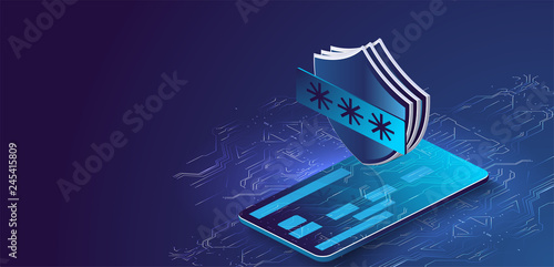 	 GDPR. Isometric personal data protection web banner concept. Electronic bill. smartphone with credit card and shield isometric vector illustration on blue background