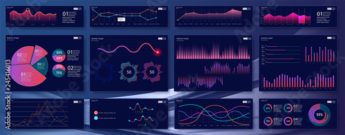 Modern modern infographic vector template with statistics graphs and finance charts. Financial analytical chart, futuristic web admin panel and trading analysis website ui.  Vector EPS10