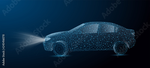 Abstract image of a auto in the form of a starry sky or space, consisting of points, lines. Car form lines, triangles and particle style design. Vector