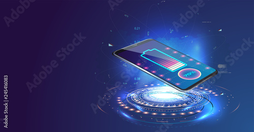 Wireless charging of the smartphone battery. Future concept. The progress of charging the battery of the phone.Wireless charging technology concept on blue background.
