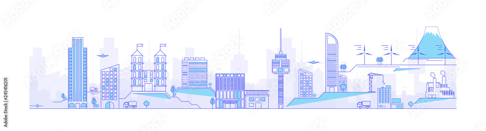 thin line cityscape with skyscrapers. Line modern urban big city panorama with color building on background