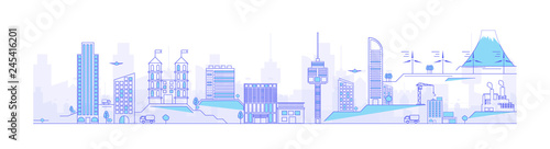 thin line cityscape with skyscrapers. Line modern urban big city panorama with color building on background