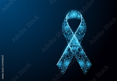 Cancer day logo and pink ribbon  in style  low poly wireframe mesh with scattered particles. Breast cancer poster banner design template.