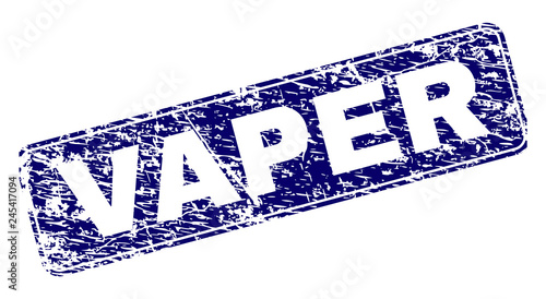 VAPER stamp seal print with distress texture. Seal shape is a rounded rectangle with frame. Blue vector rubber print of VAPER tag with corroded texture.