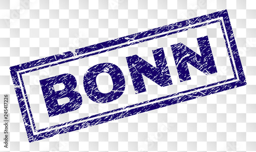 BONN stamp seal imprint with rubber print style and double framed rectangle shape. Stamp is placed on a transparent background. Blue vector rubber print of BONN title with unclean texture.