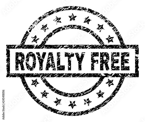 ROYALTY FREE stamp seal watermark with distress style. Designed with rectangle, circles and stars. Black vector rubber print of ROYALTY FREE text with dust texture.