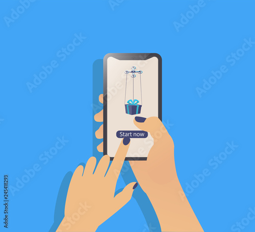 Vector illustration in line flat style and blue color background, with button "start now", delivery service, with phone, gift box, dron and hand - digital vector ilustracion.