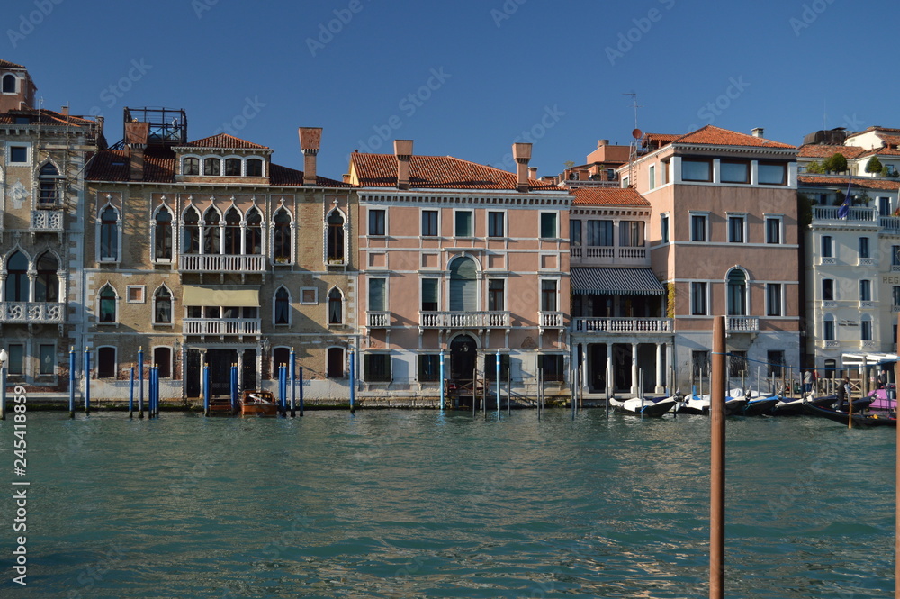 Picturesque And Colorful Palaces On The Grand Canal In Venice. Travel, holidays, architecture. March 28, 2015. Venice, Veneto region, Italy.