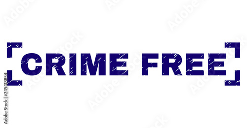 CRIME FREE title seal print with corroded texture. Text title is placed inside corners. Blue vector rubber print of CRIME FREE with grunge texture.