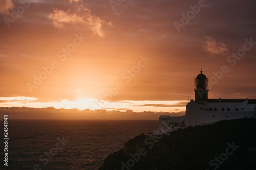 View of the lighthouse and cliffs at Cape St. Vincent in Portugal at sunset. The most south-western point of Europe.