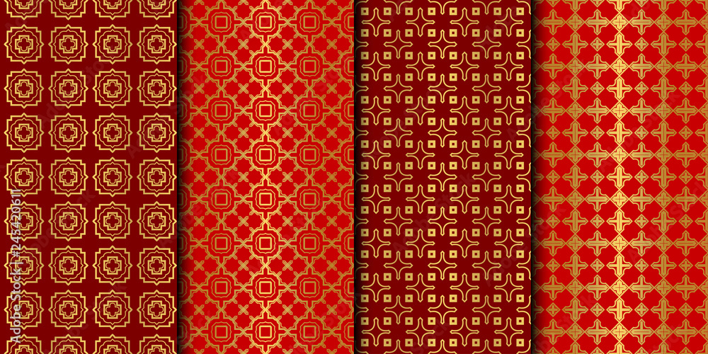 Set of Seamless Pattern With Abstract Geometric Style. Repeating Sample Figure And Line. Vector illustration. red gold color. Set of Seamless Pattern With Abstract Geometric Style. Repeating Sample Figure And Line. Vector illustration. red gold color.