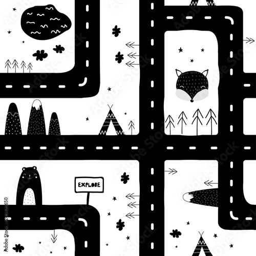 Black and white seamless pattern with road, teepee and animals. Kids nordic print. Vector hand drawn illustration.