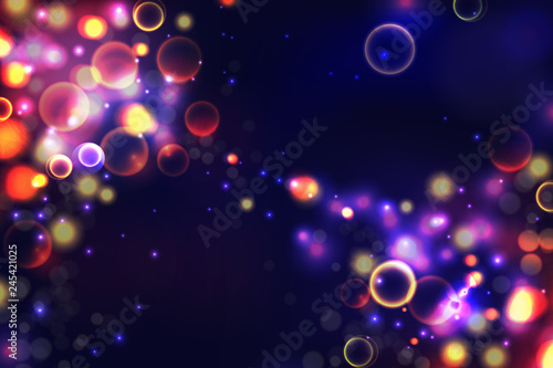 Abstract colorful defocused circular bokeh sparkle glitter lights background. Magic space cosmic shiny bubbles. Elegant layout template for blayer banner or poster background. EPS 10.