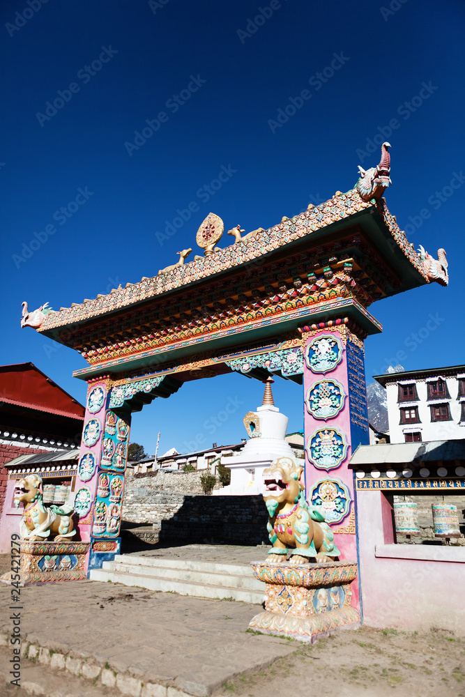 Ornate gate to Buddhist monastery Tengboche Khumbu Himalayas Nepal 