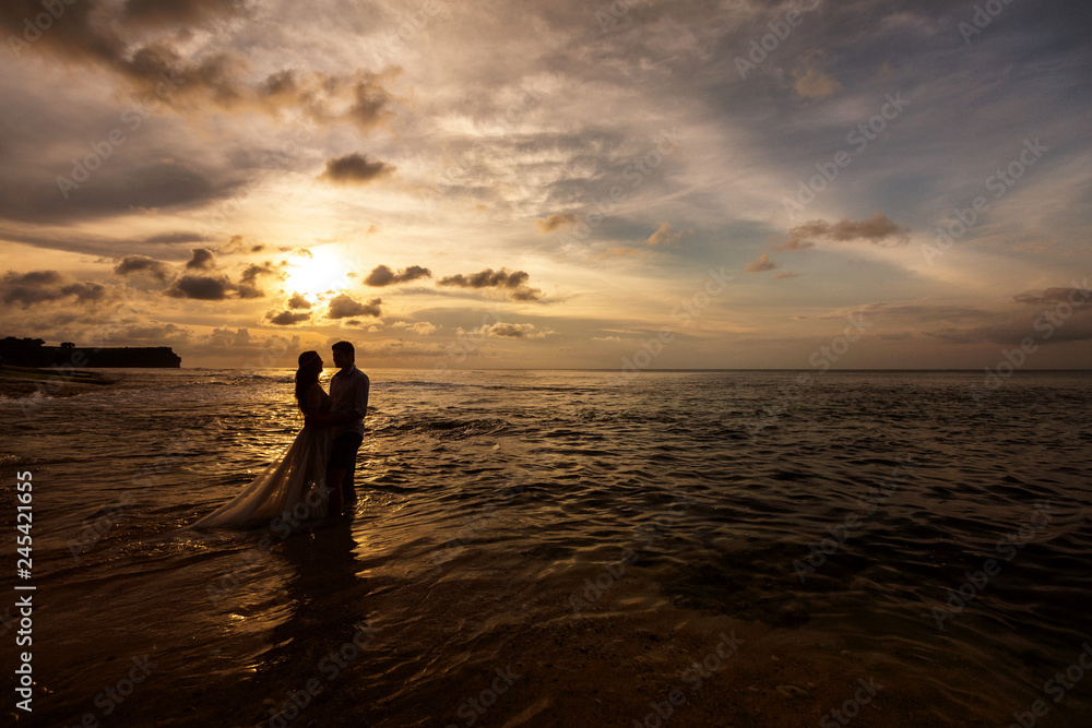 Silhouettes of bride and groom embracing standing in the sea water on the beach at sunset