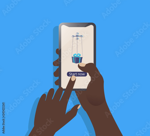 Vector illustration in line flat style and blue color background, with button "start now", online education, with phone and hand - digital vector ilustracion.