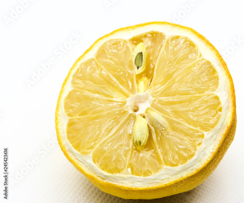 Withered and half cul lemon on white background