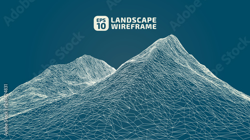 Abstract wireframe background. 3D grid technology illustration landscape. Digital Terrain Cyberspace in the Mountains with valleys. Data Array. | EPS10 Vector.